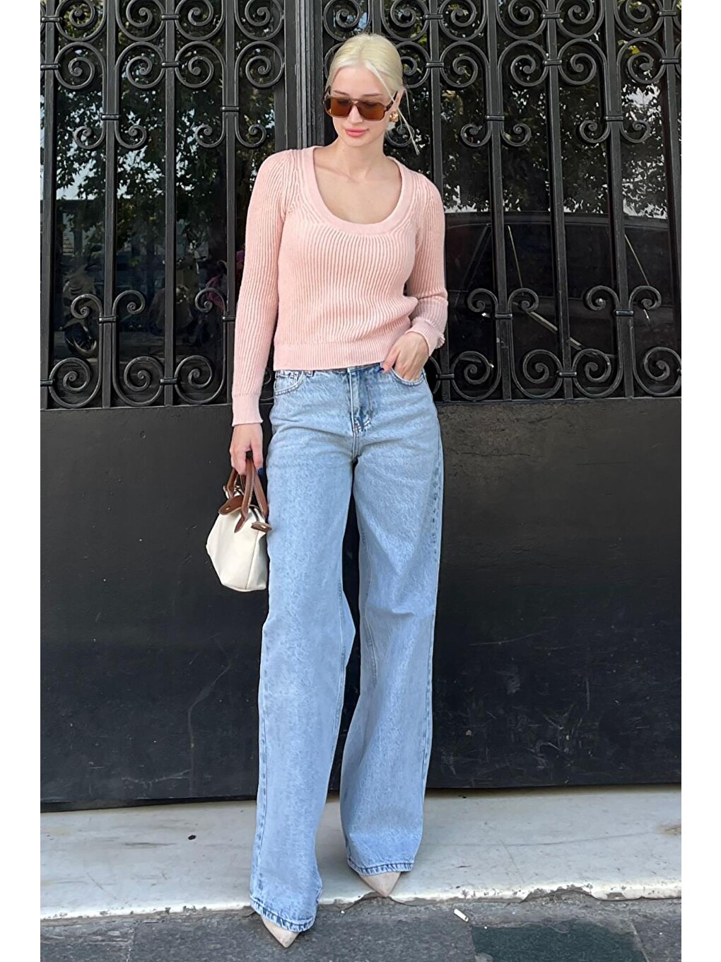 Pembe Pudra Bisiklet Yaka Basic Örme Kazak Mg2189