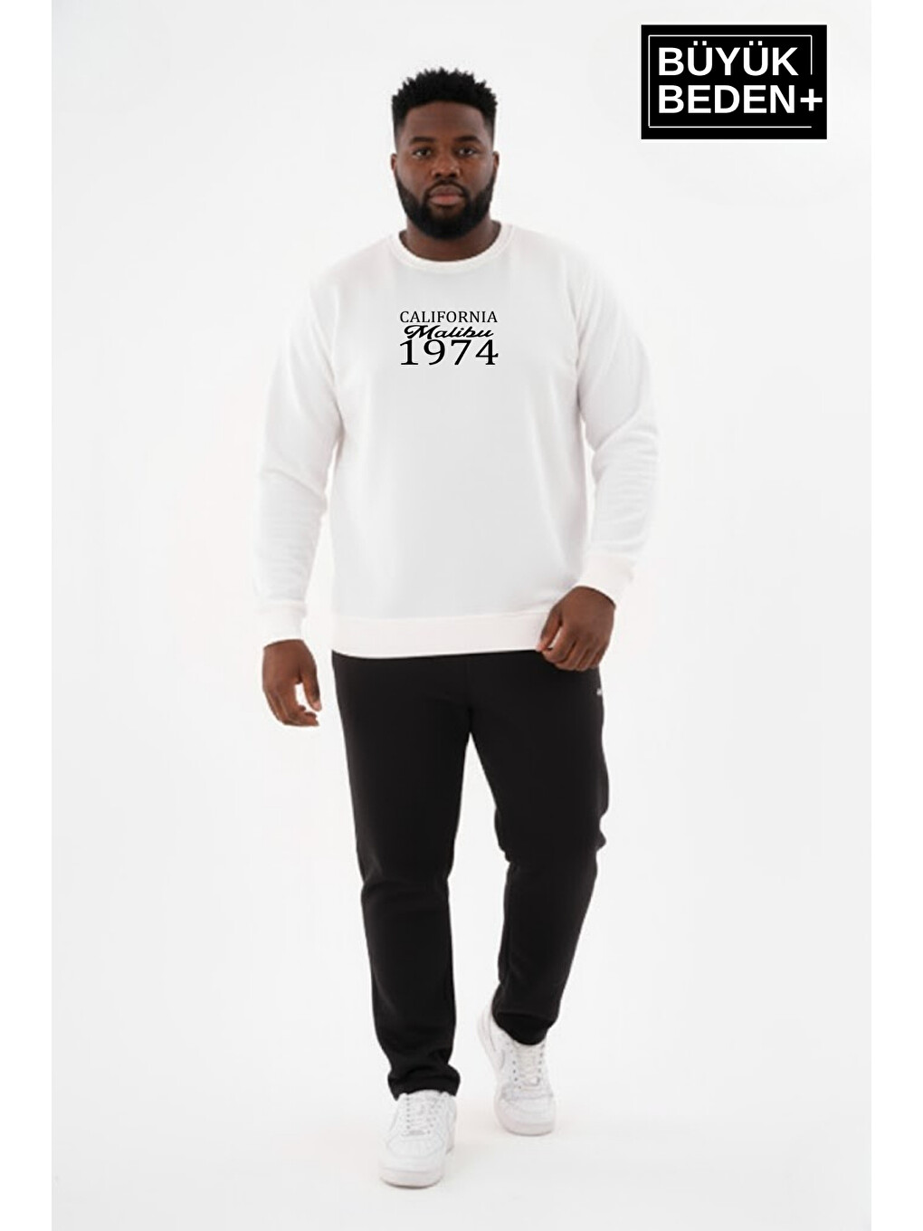 Ekru Erkek Büyük Beden California 1974 Baskılı Bisilet Yaka İnce Sweatshirt Spr26bsw956-2
