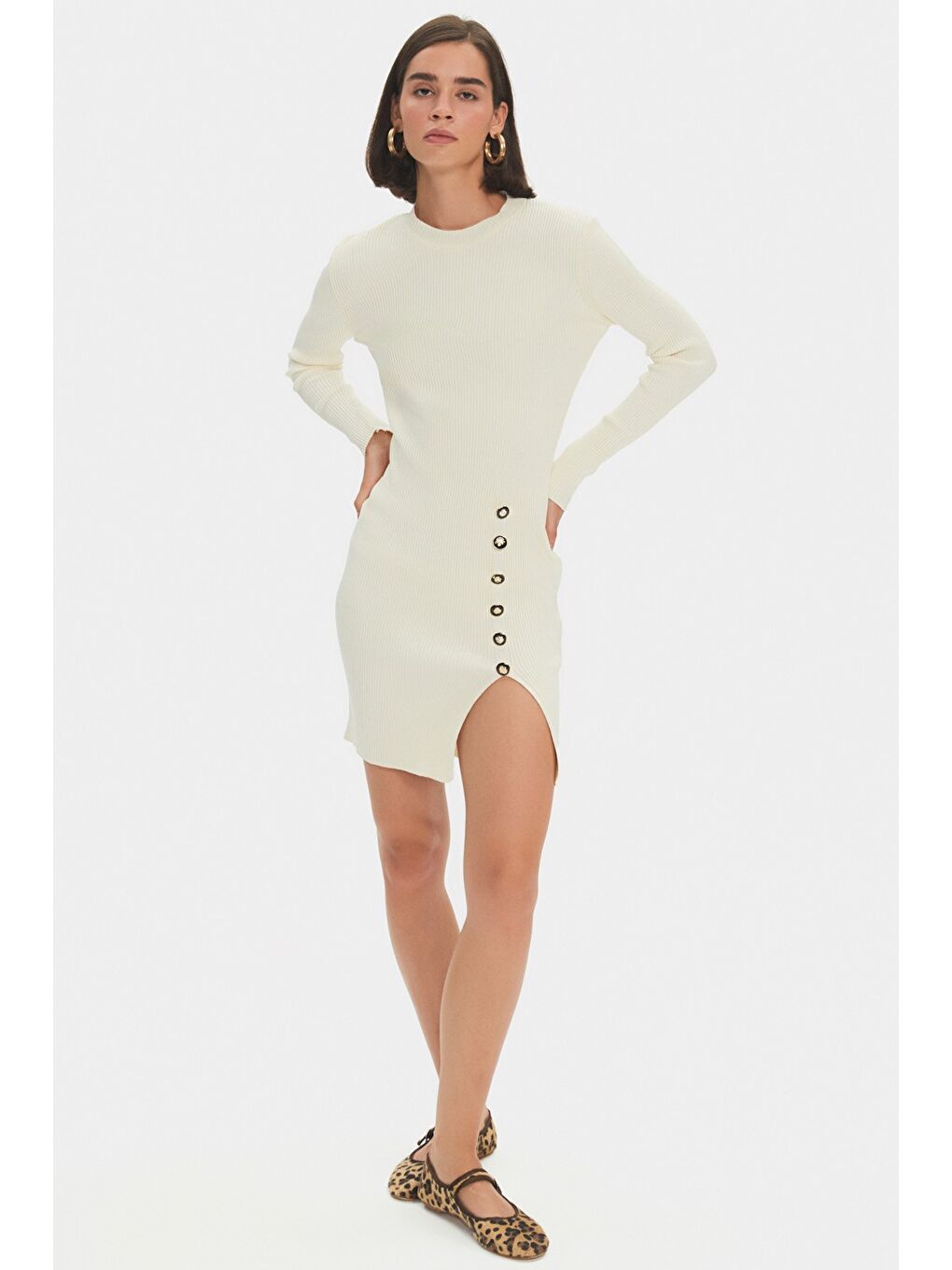 Ekru Kadın Uzun Kollu Yırtmaç Detaylı Mini Triko Elbise-2
