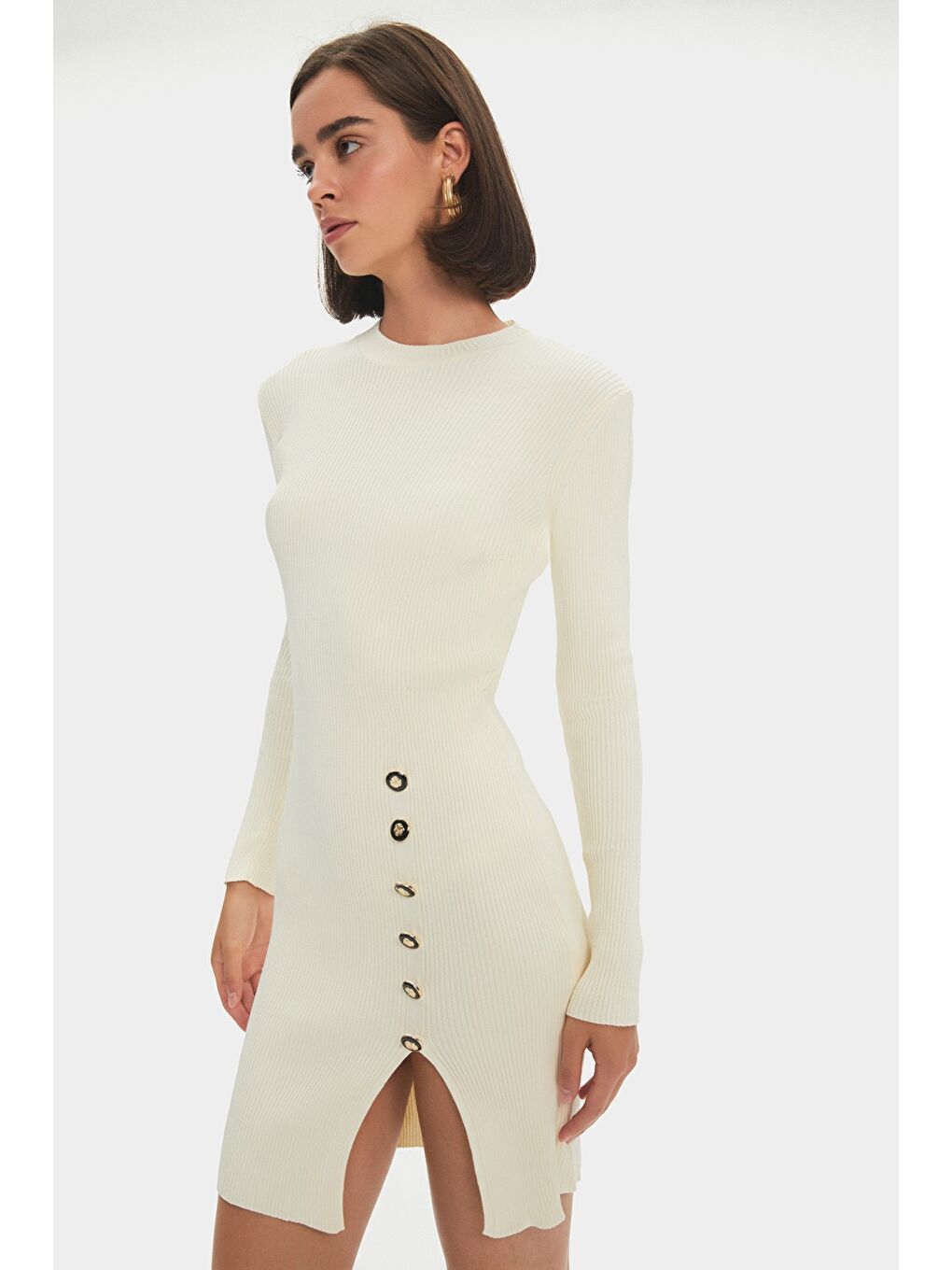 Ekru Kadın Uzun Kollu Yırtmaç Detaylı Mini Triko Elbise-3