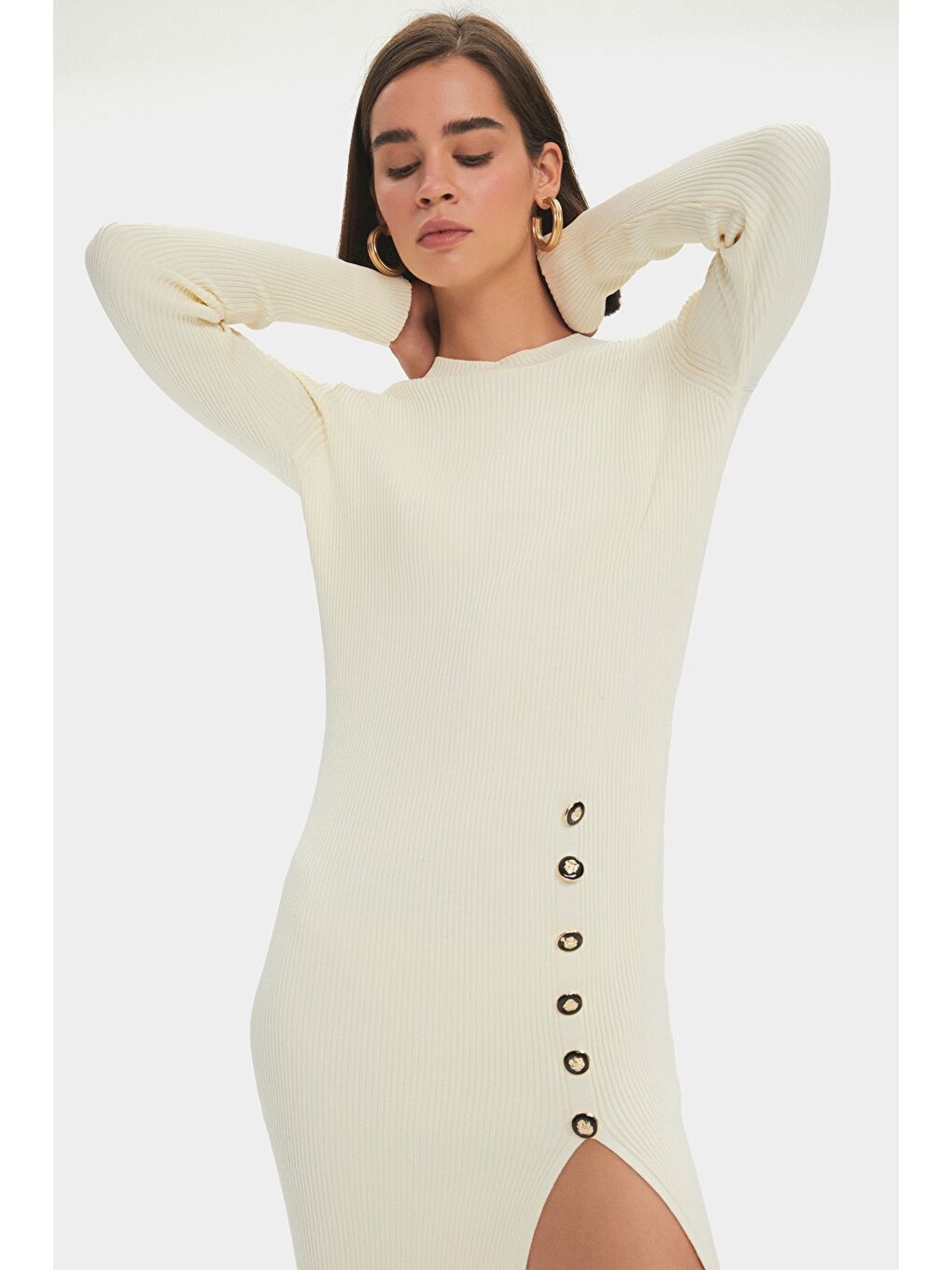 Ekru Kadın Uzun Kollu Yırtmaç Detaylı Mini Triko Elbise-4