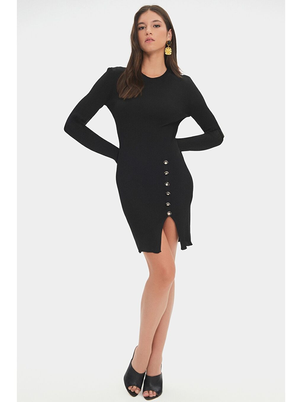 Siyah Kadın Uzun Kollu Yırtmaç Detaylı Mini Triko Elbise-4