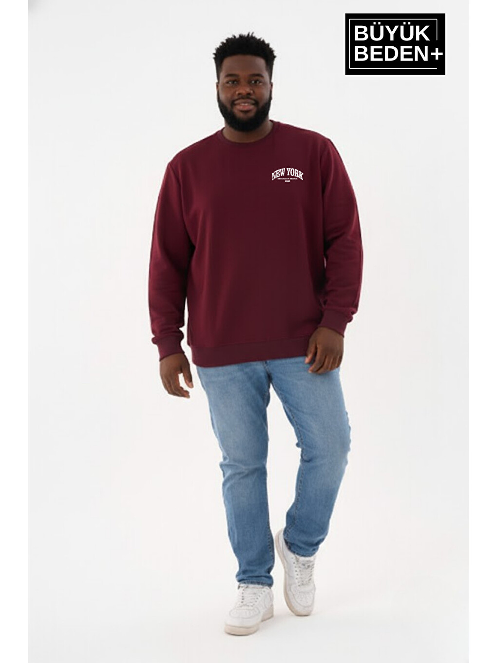 Bordo Erkek Büyük Beden New York Baskılı Bisilet Yaka İnce Sweatshirt Spr26bsw956-5