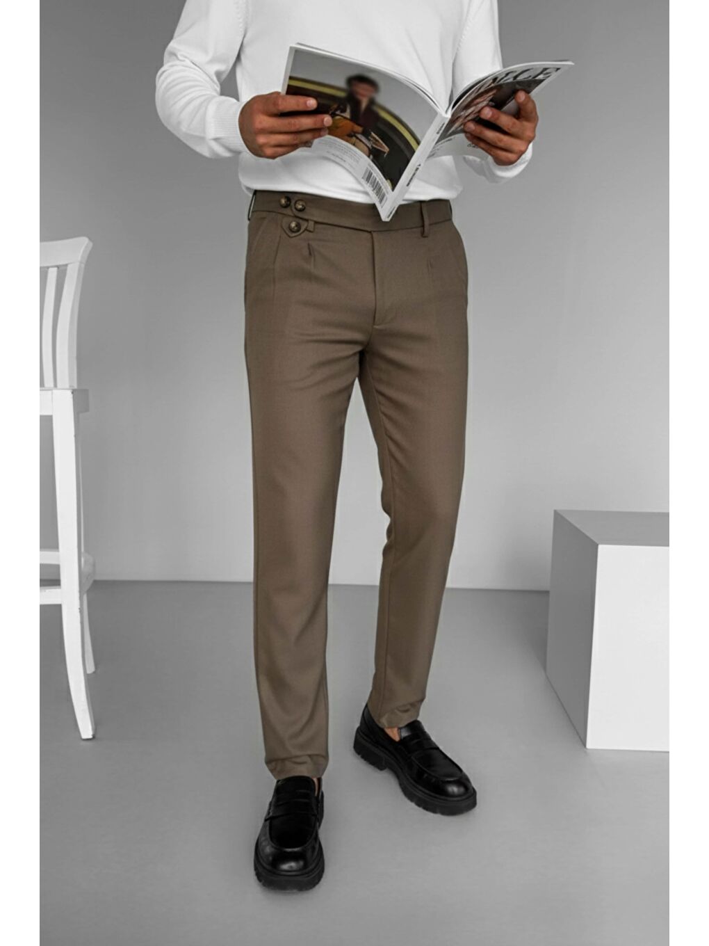 Kahverengi Pileli Kumaş Erkek Pantolon Açık Kahve-1
