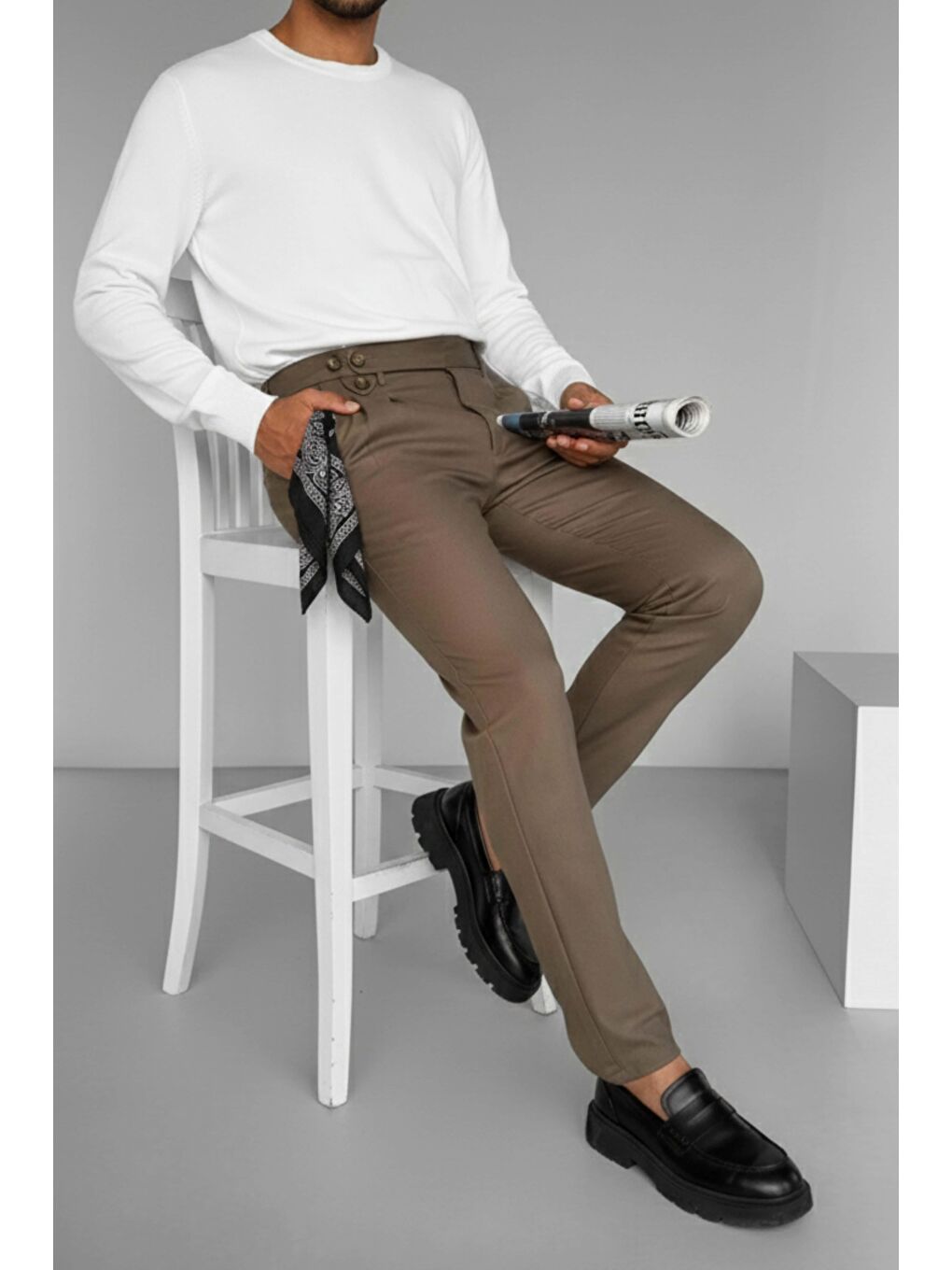 Kahverengi Pileli Kumaş Erkek Pantolon Açık Kahve-5