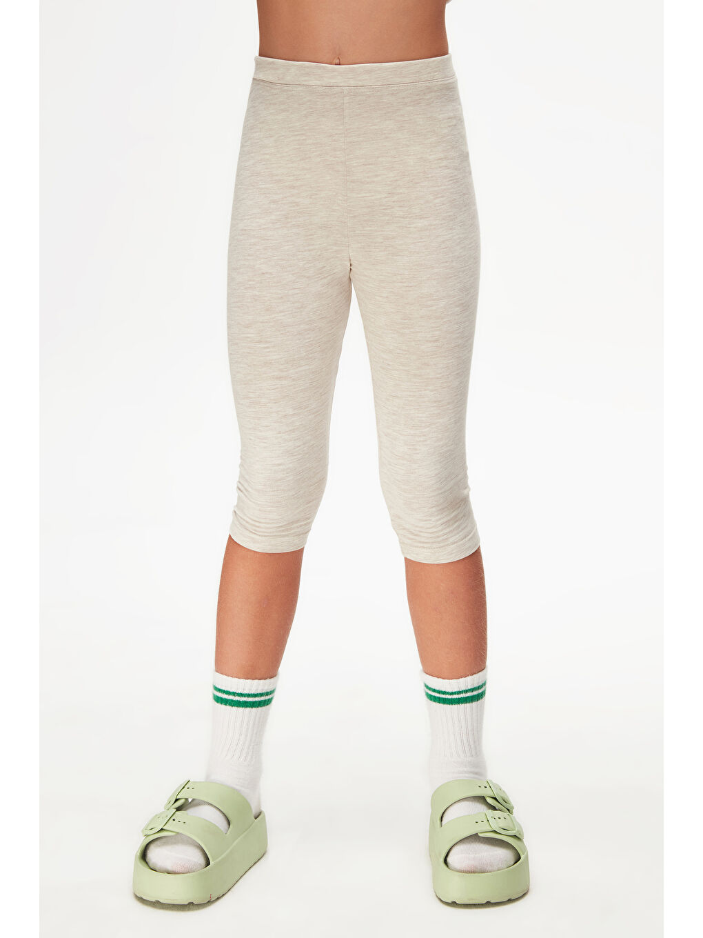 Açık Bej Melanj Kız Çocuk Düz Basıc Diz Altı Kapri-2