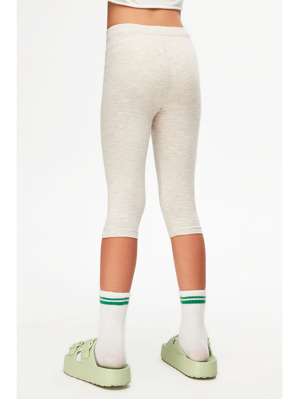 Açık Bej Melanj Kız Çocuk Düz Basıc Diz Altı Kapri-4