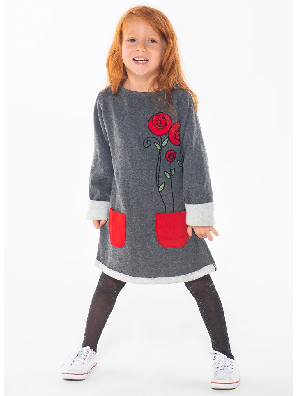 Antrasit Çiçek Detaylı Kız Elbise