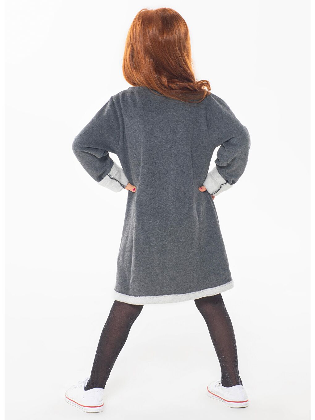 Antrasit Çiçek Detaylı Kız Elbise-1