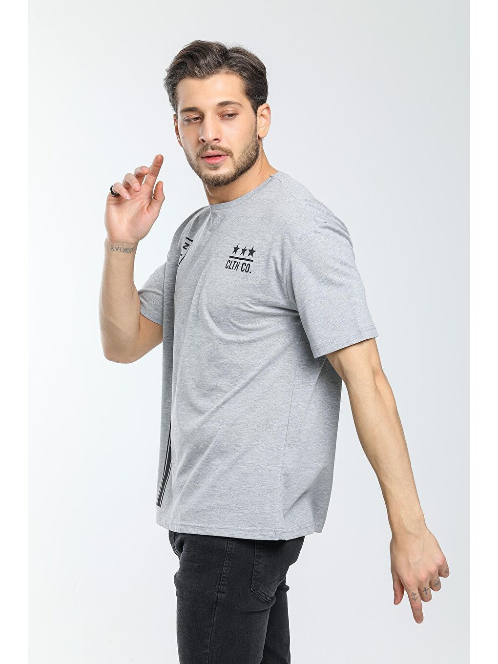 Gri Erkek Bisiklet Yaka Slim Fit Baskılı Tişort SPR21Y24-3