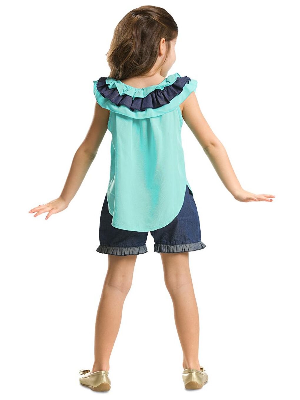 Turkuaz Fırfır Denim Şort Takım-1