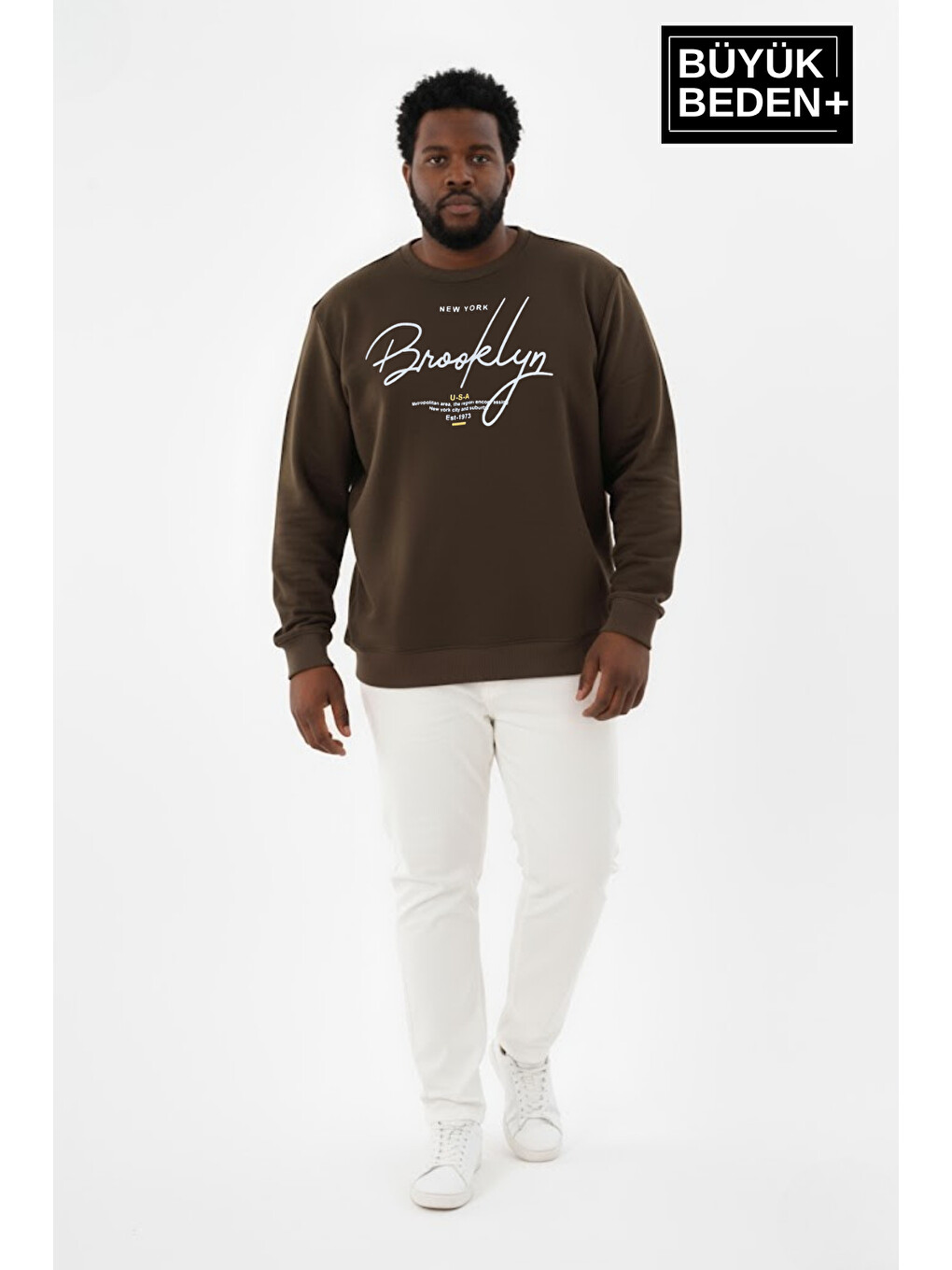Haki Erkek Büyük Beden El Yazılı Brooklyn Baskılı Bisiklet Yaka İnce Sweatshirt Spr26bsw956-6