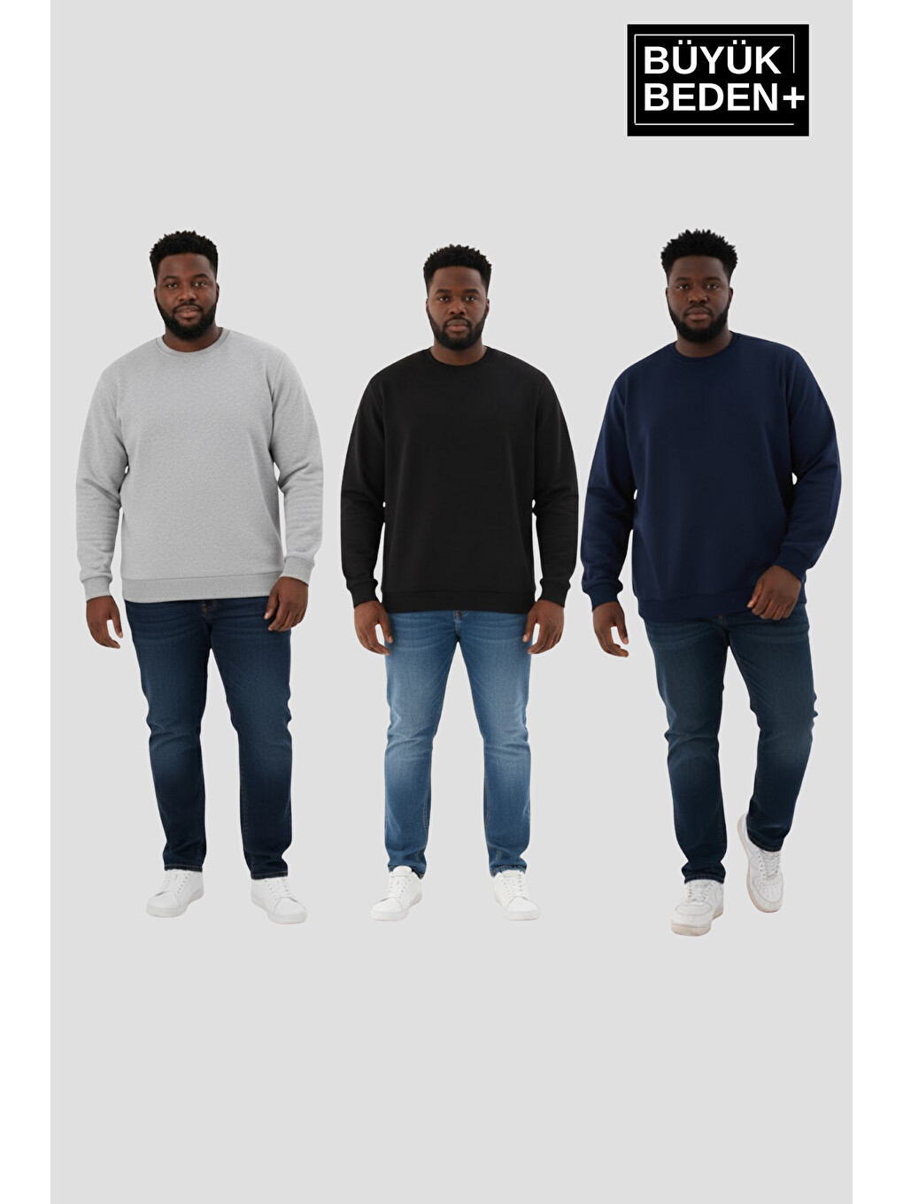 Siyah Erkek Büyük Beden İkili Bisiklet Yaka 3'lü Set -rahat Kalıp İnce Sweatshirt Spr26bsw956+3