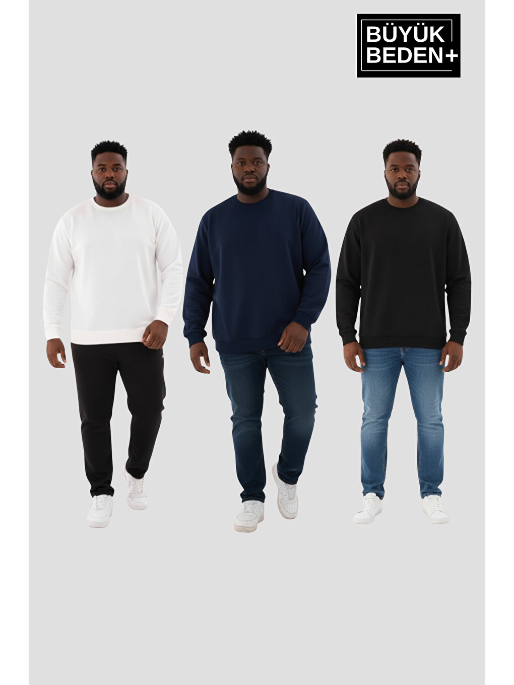 Siyah Erkek Büyük Beden İkili Bisiklet Yaka 3'lü Set -rahat Kalıp İnce Sweatshirt Spr26bsw956+3-1