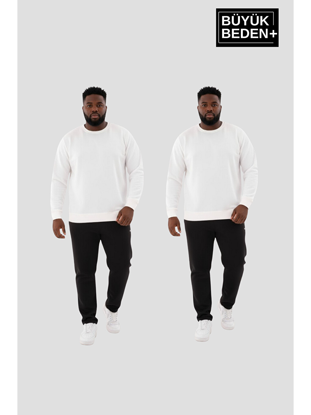 Ekru Erkek Büyük Beden İkili Bisiklet Yaka 2’li Set -rahat Kalıp İnce Sweatshirt Spr26bsw956+2-1