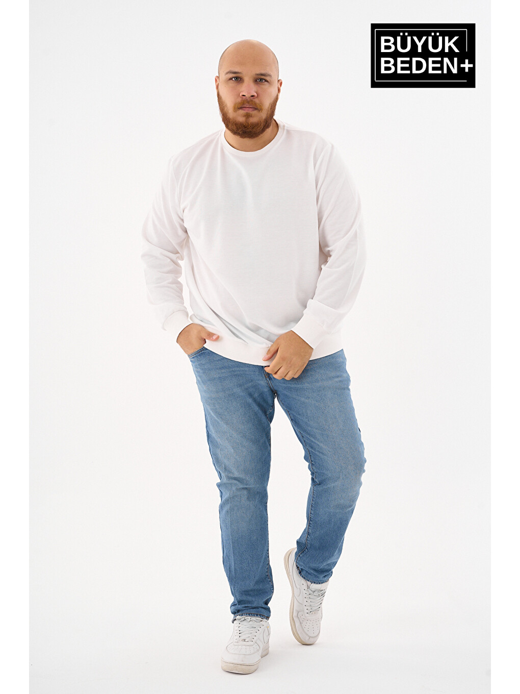 Ekru Erkek Büyük Beden Bisiklet Yaka İnce Sweatshirt Spr24bsw56-2