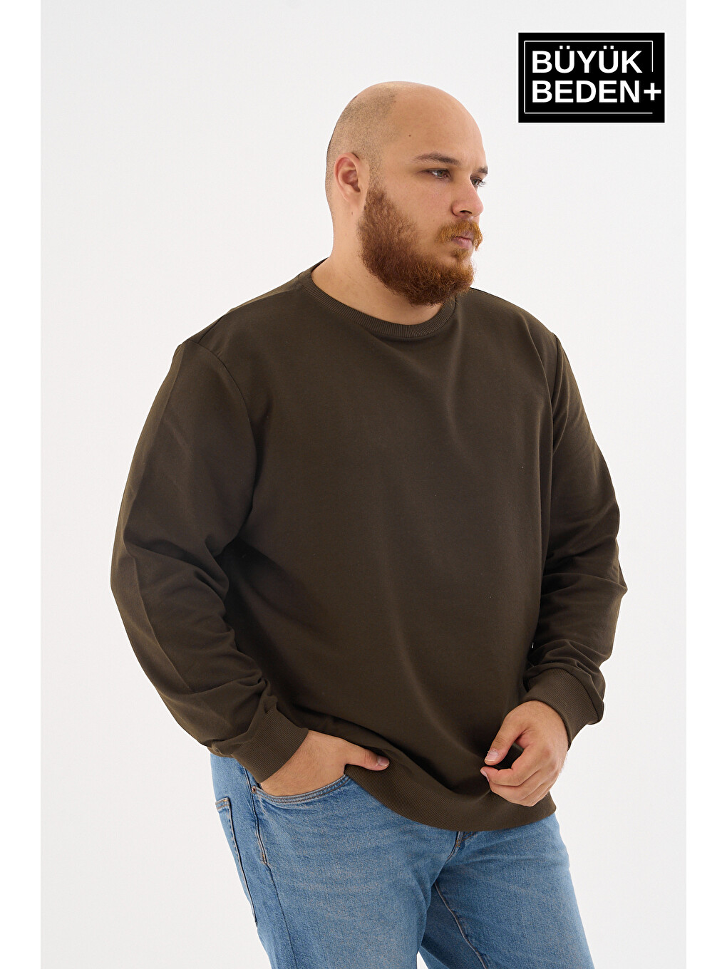 Haki Erkek Büyük Beden Bisiklet Yaka İnce Sweatshirt Spr24bsw56-1