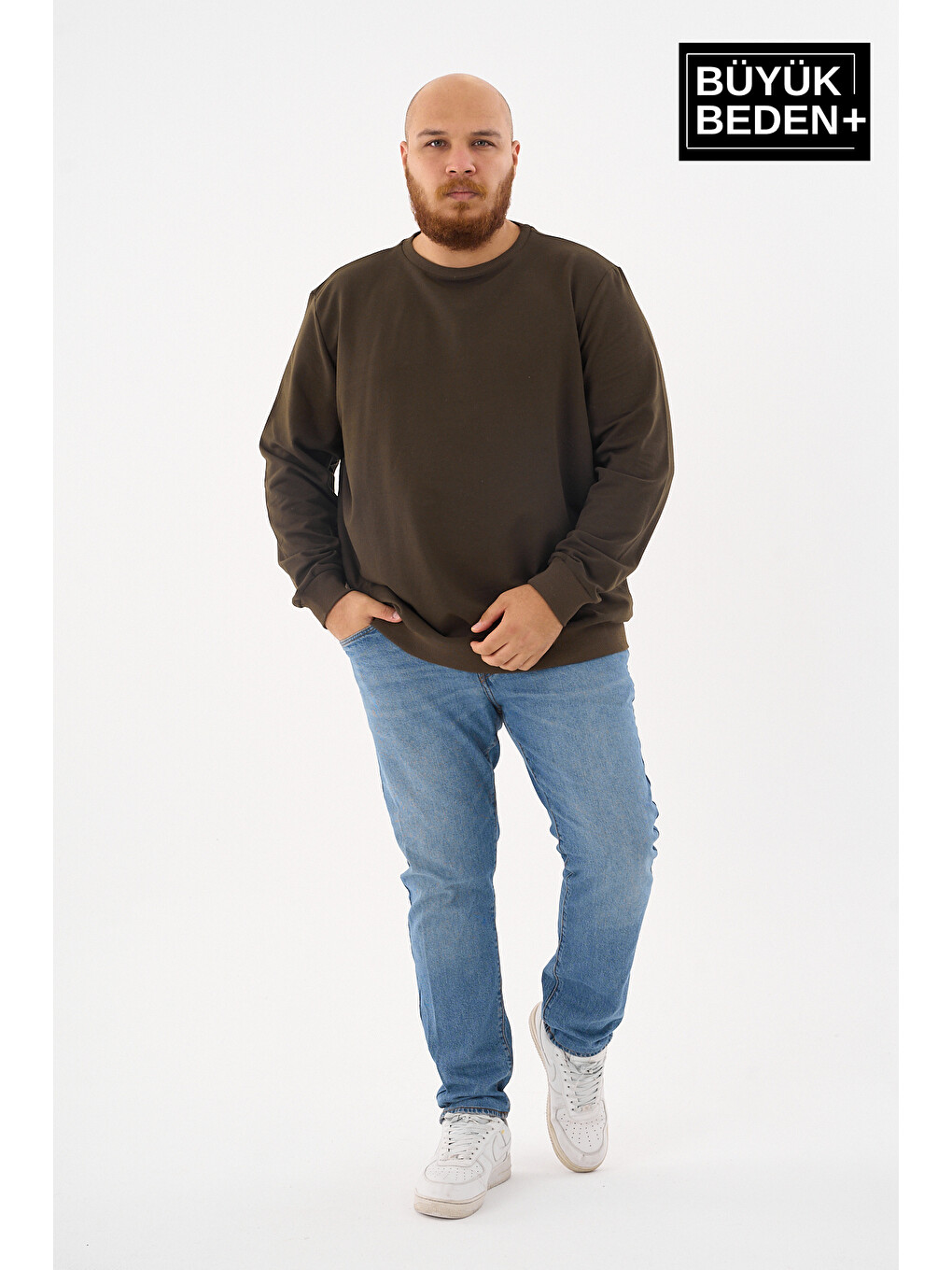 Haki Erkek Büyük Beden Bisiklet Yaka İnce Sweatshirt Spr24bsw56-4