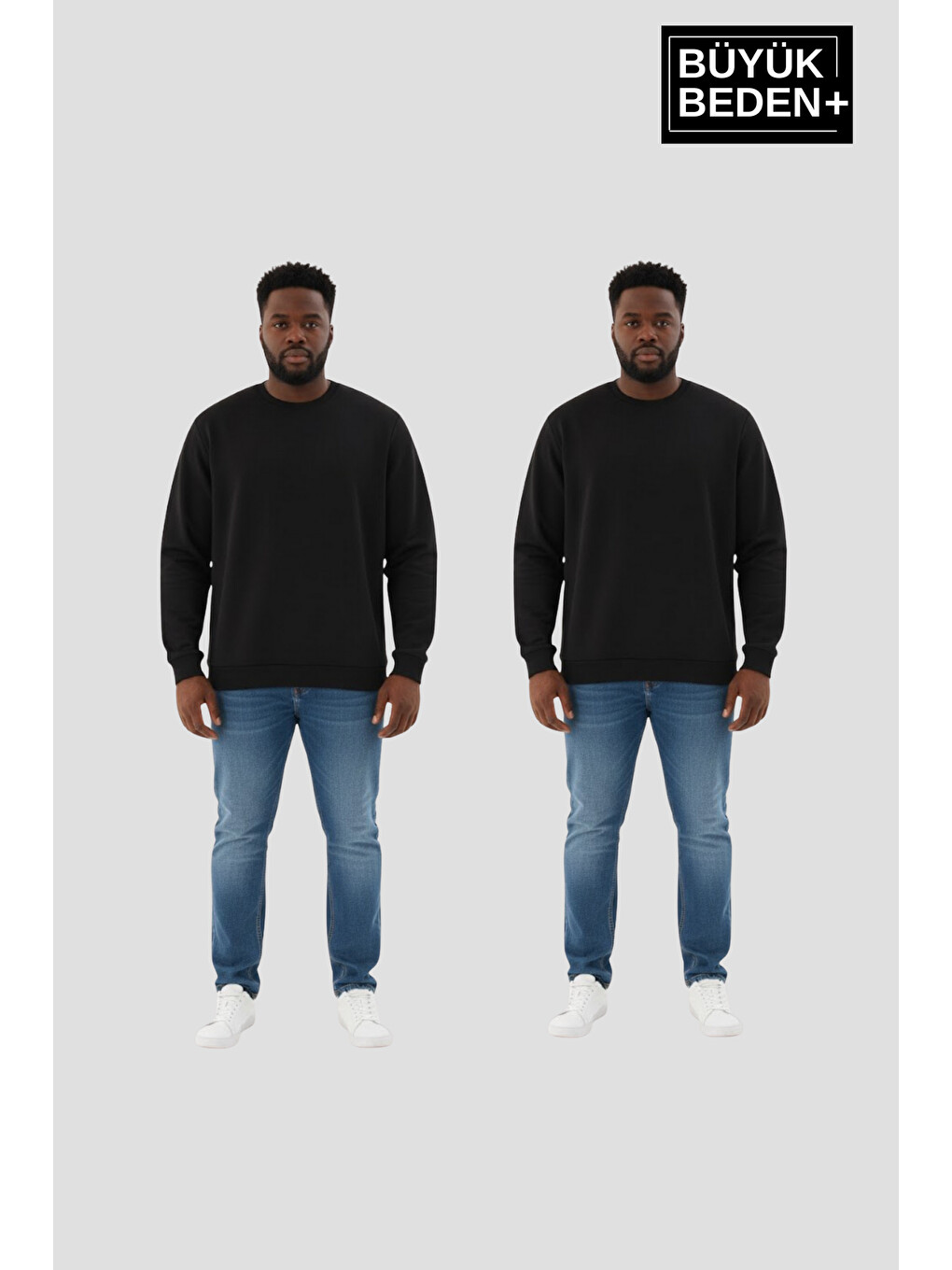 Siyah Erkek Büyük Beden İkili Bisiklet Yaka 2’li Set -rahat Kalıp İnce Sweatshirt Spr26bsw956+2-1