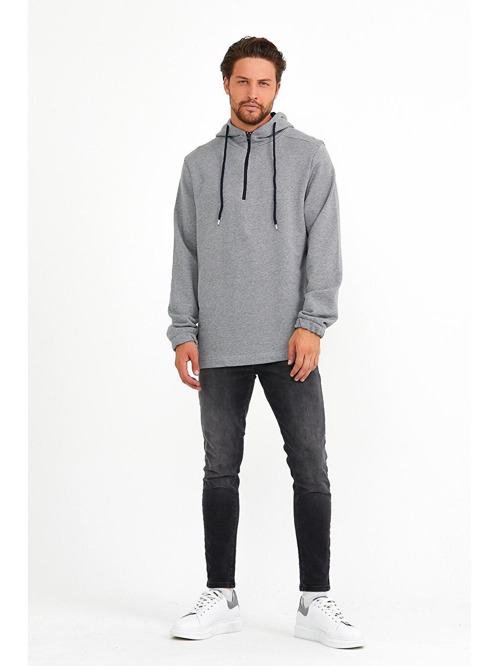Gri Erkek Kapüşonlu Regular Fit Yarım Fermuarlı İnce Hoodie Spr22sw170