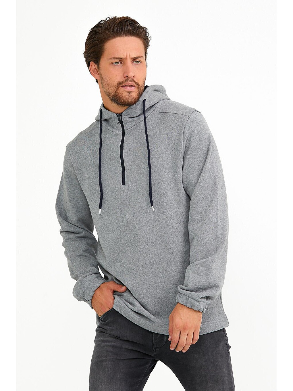 Gri Erkek Kapüşonlu Regular Fit Yarım Fermuarlı İnce Hoodie Spr22sw170-2