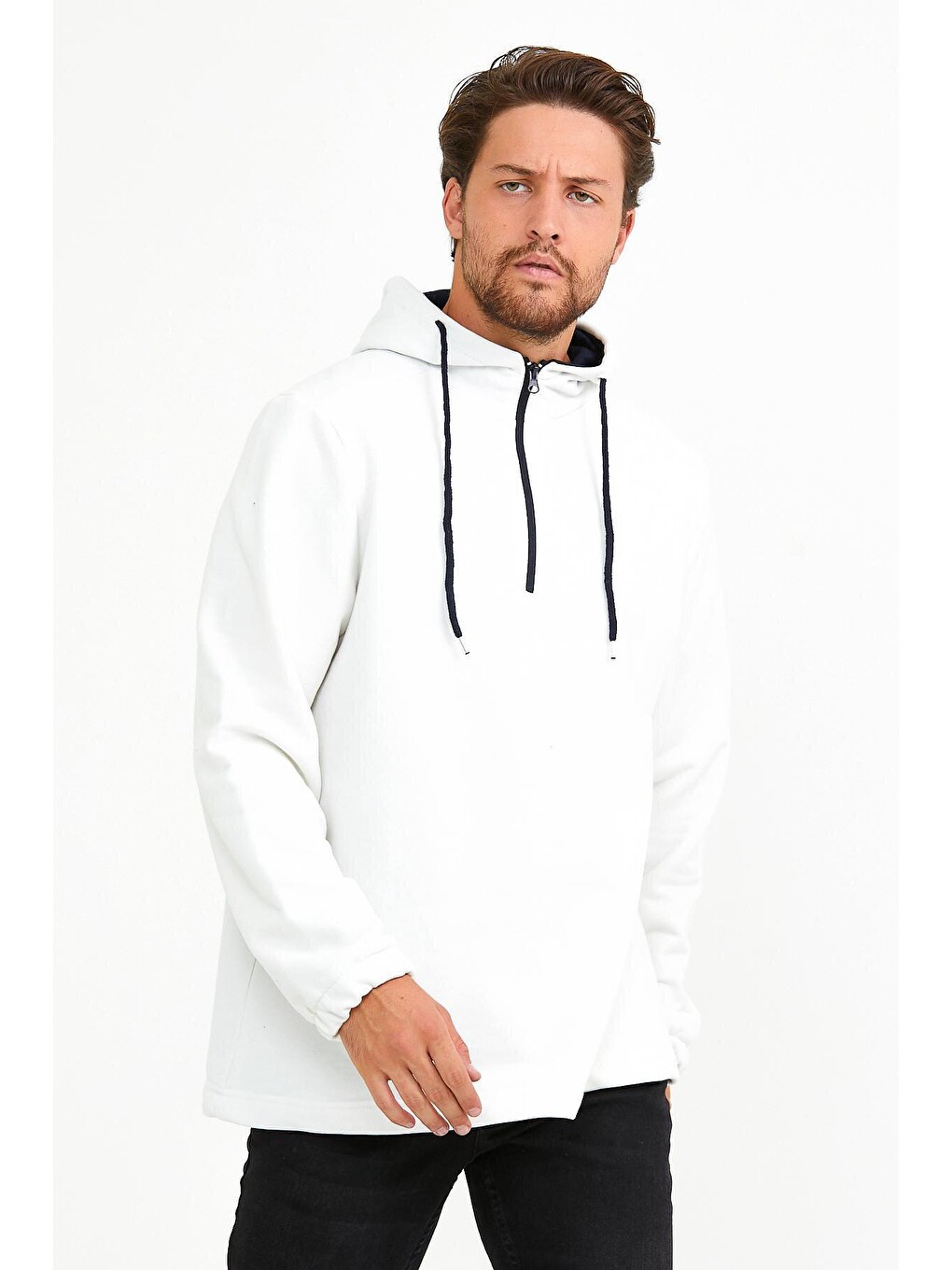 Ekru Erkek Kapüşonlu Regular Fit Yarım Fermuarlı İnce Hoodie Spr22sw170