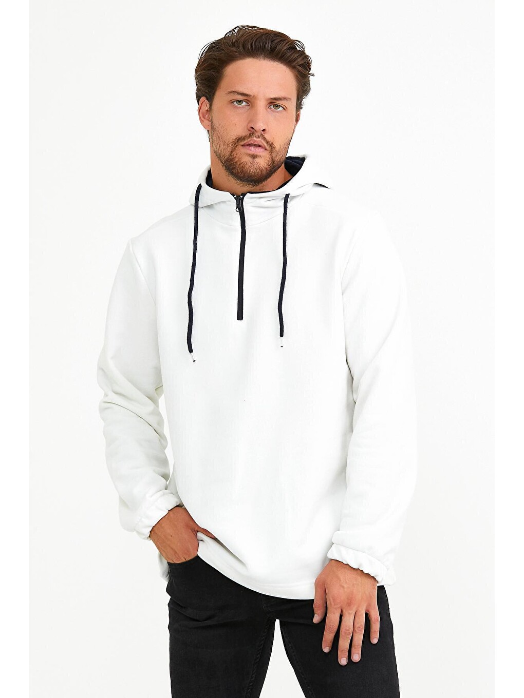 Ekru Erkek Kapüşonlu Regular Fit Yarım Fermuarlı İnce Hoodie Spr22sw170-1
