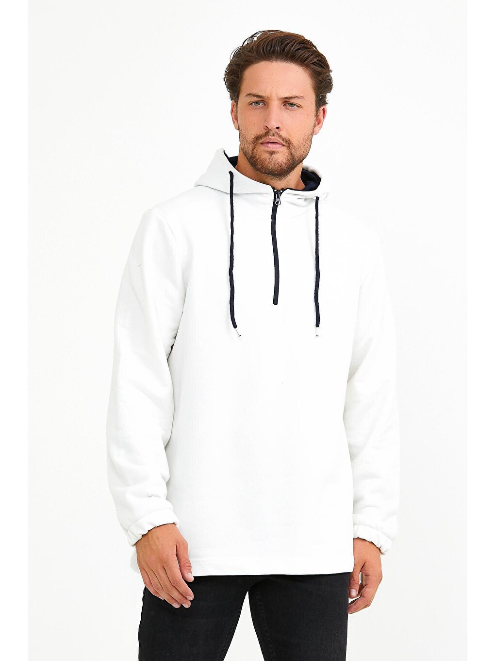 Ekru Erkek Kapüşonlu Regular Fit Yarım Fermuarlı İnce Hoodie Spr22sw170-2