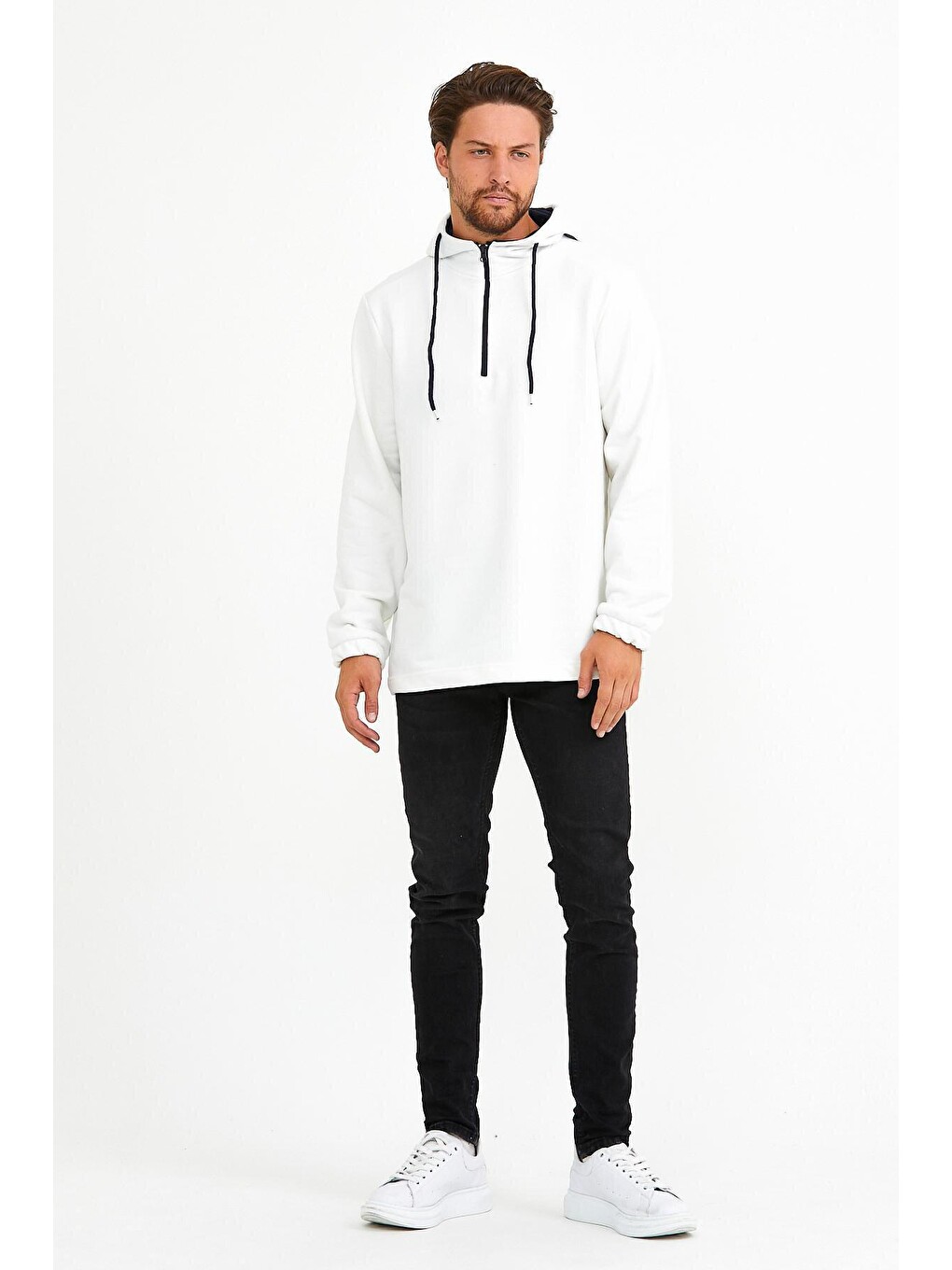 Ekru Erkek Kapüşonlu Regular Fit Yarım Fermuarlı İnce Hoodie Spr22sw170-3
