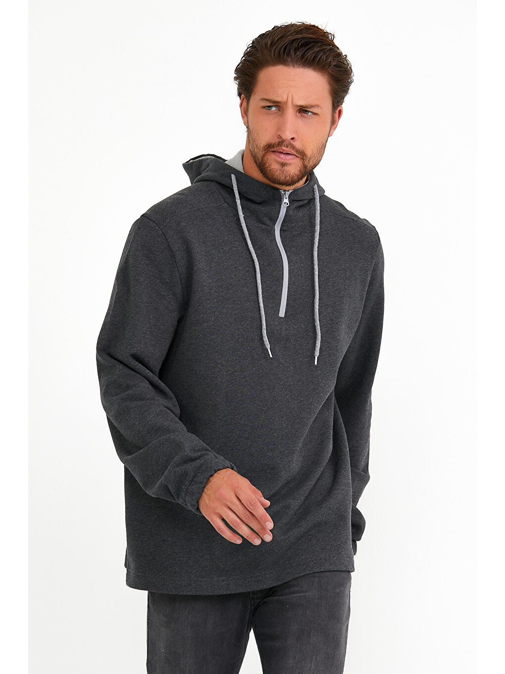 Antrasit Erkek Kapüşonlu Regular Fit Yarım Fermuarlı İnce Hoodie Spr22sw170-1