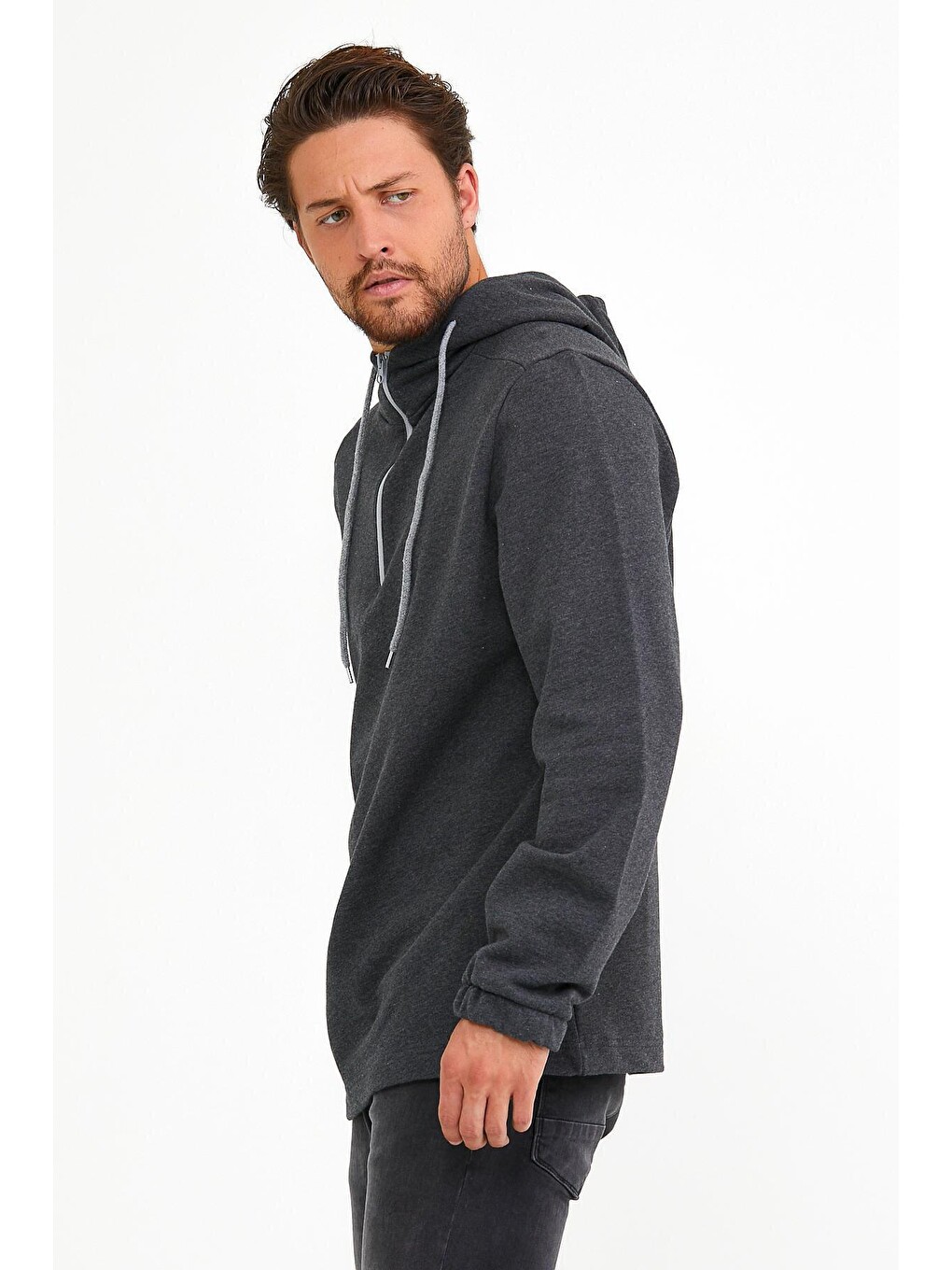 Antrasit Erkek Kapüşonlu Regular Fit Yarım Fermuarlı İnce Hoodie Spr22sw170-3