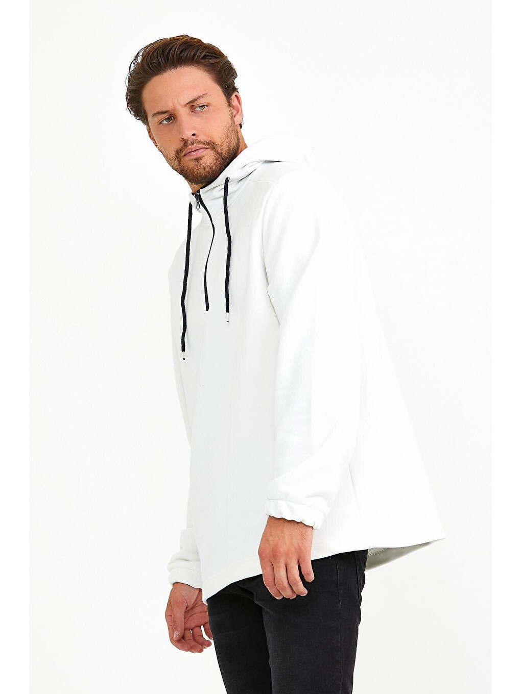 Ekru Erkek Kapüşonlu Regular Fit Yarım Fermuarlı İnce Hoodie Spr22sw170-4