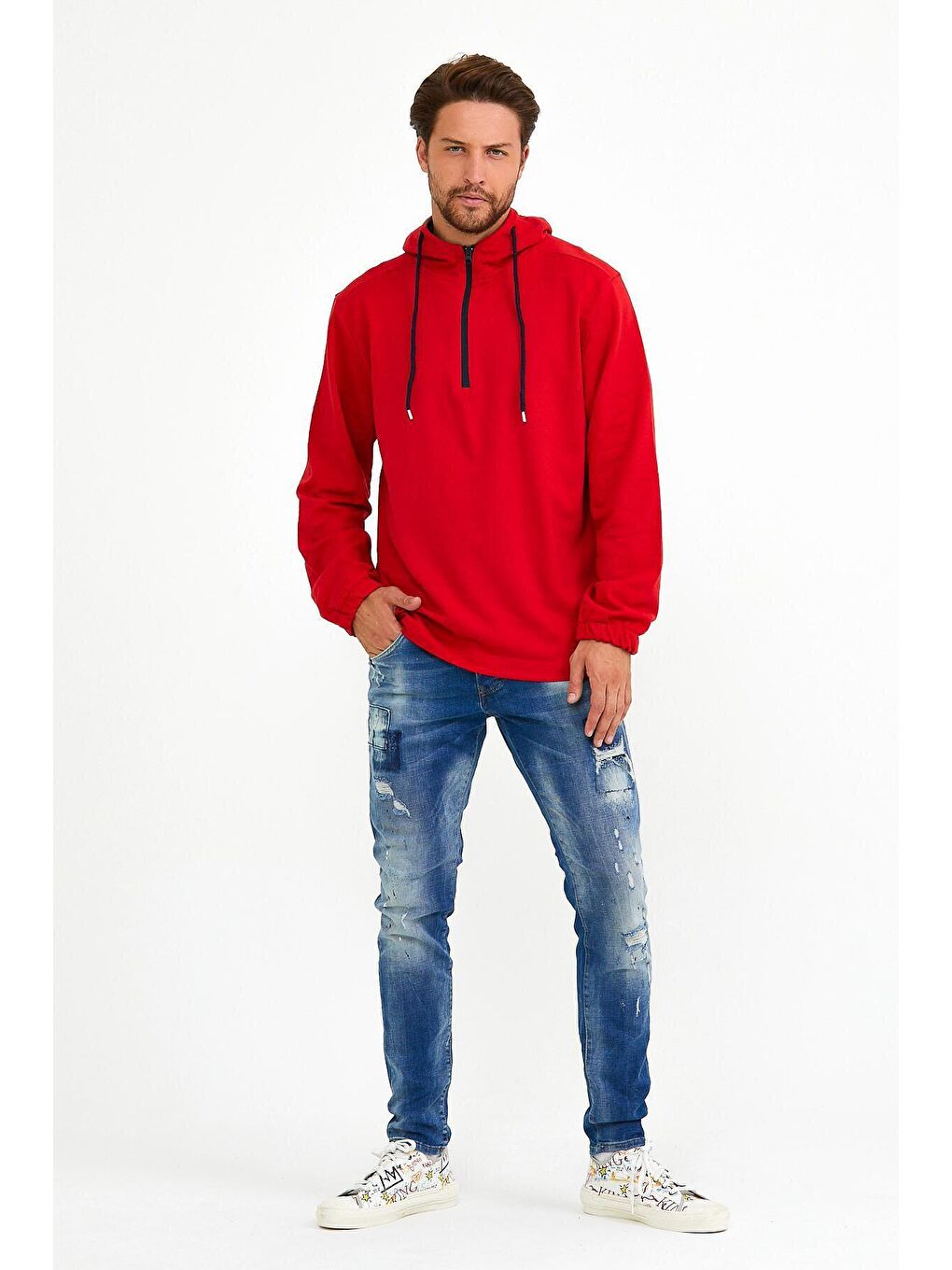 Kırmızı Kapüşonlu Regular Fit Yarım Fermuarlı İnce Erkek Hoodie SPR22SW170