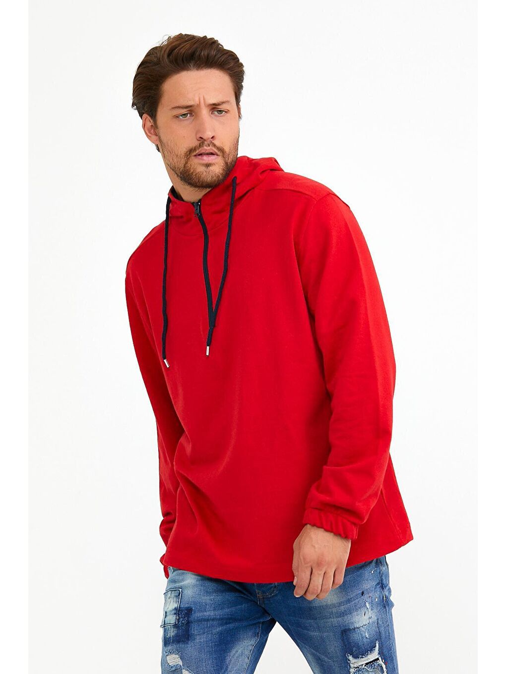 Kırmızı Kapüşonlu Regular Fit Yarım Fermuarlı İnce Erkek Hoodie SPR22SW170-1