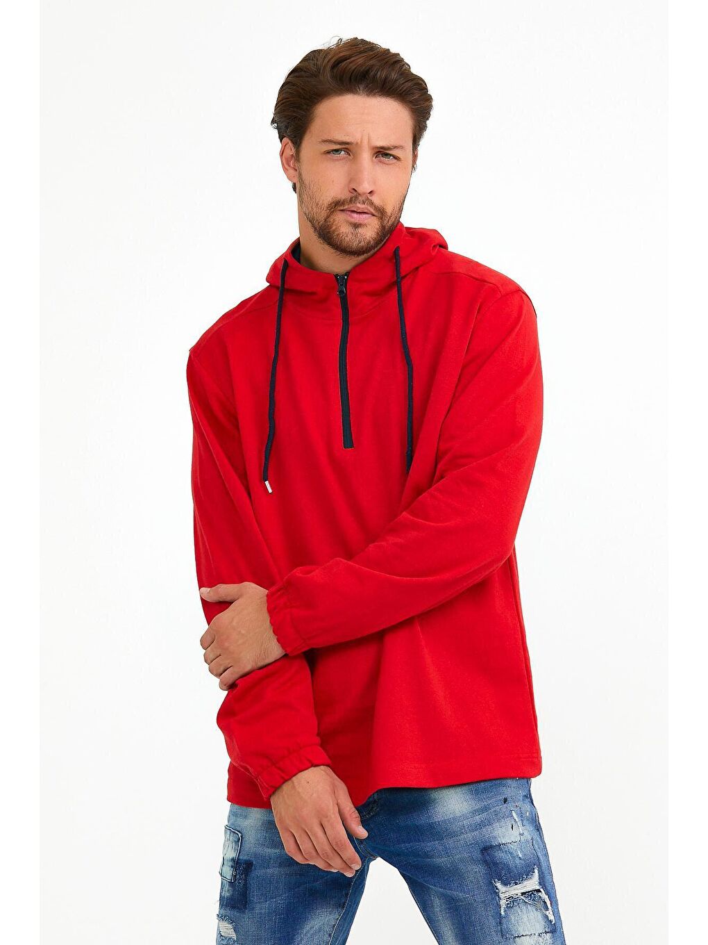 Kırmızı Kapüşonlu Regular Fit Yarım Fermuarlı İnce Erkek Hoodie SPR22SW170-2