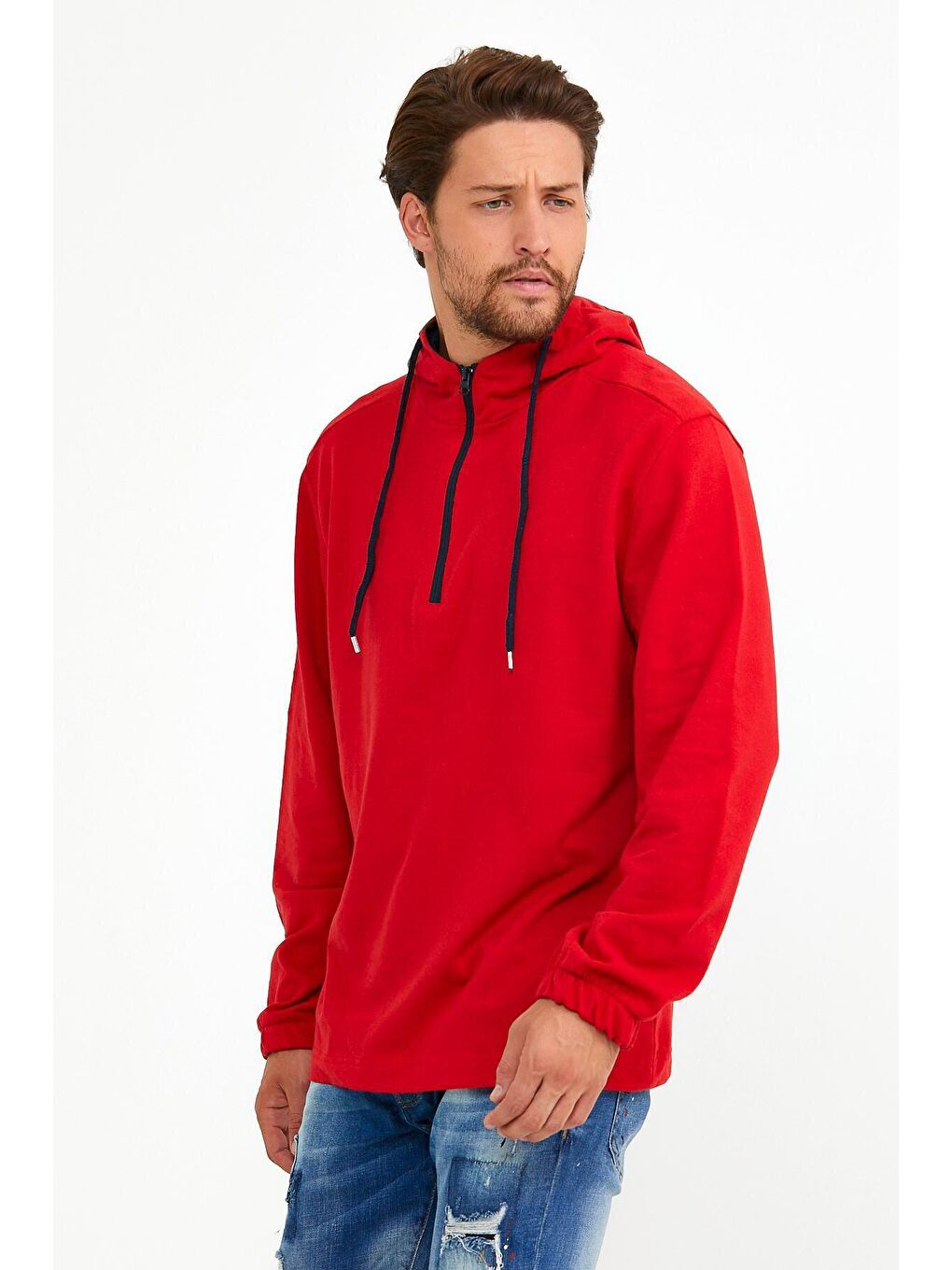 Kırmızı Kapüşonlu Regular Fit Yarım Fermuarlı İnce Erkek Hoodie SPR22SW170-3