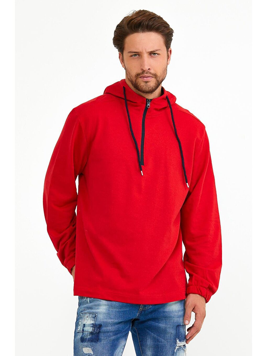 Kırmızı Kapüşonlu Regular Fit Yarım Fermuarlı İnce Erkek Hoodie SPR22SW170-4
