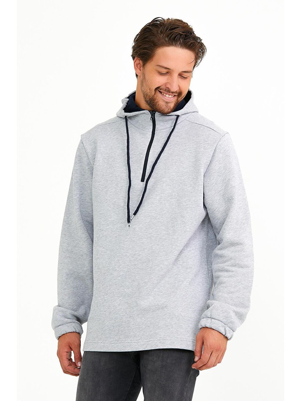 Süperlife Gri Erkek Kapüşonlu Regular Fit Yarım Fermuarlı İnce Sweatshirt SPR22SW170 - 1