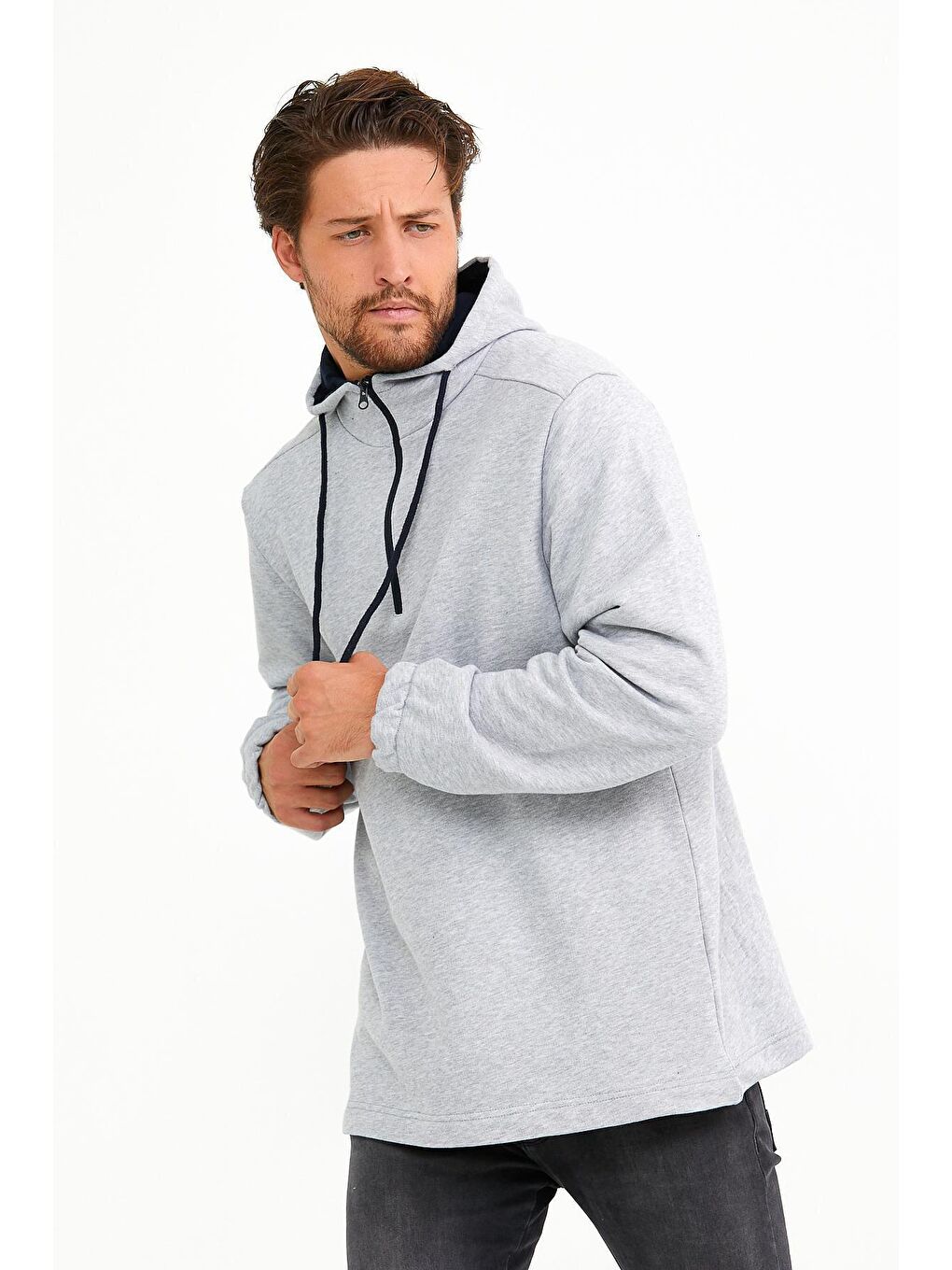 Süperlife Gri Erkek Kapüşonlu Regular Fit Yarım Fermuarlı İnce Sweatshirt SPR22SW170 - 2