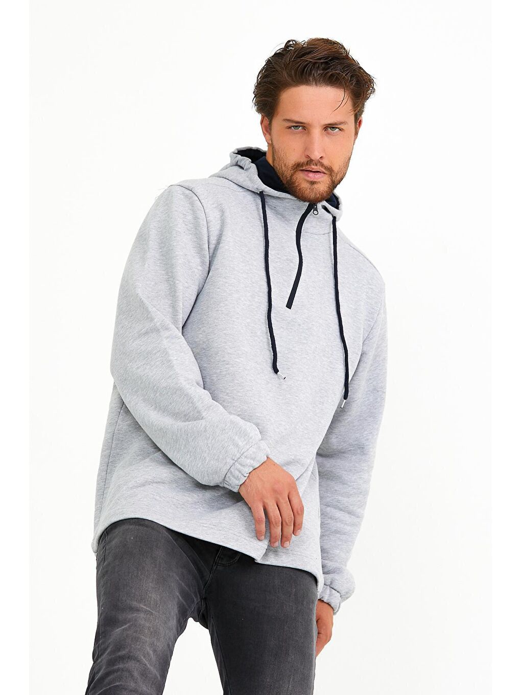 Süperlife Gri Erkek Kapüşonlu Regular Fit Yarım Fermuarlı İnce Sweatshirt SPR22SW170 - 3