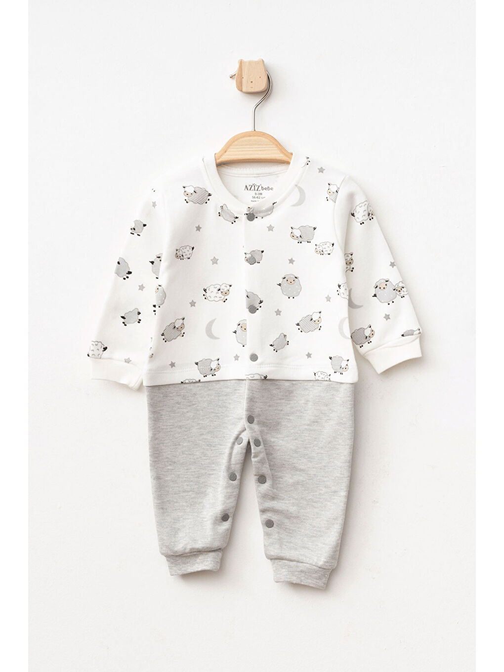 Gri Erkek Bebek Çıtçıtlı Kuzu Desenli Tulum 0 Ay - 6 Ay