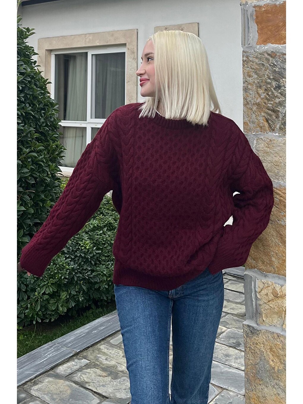 Bordo Bisiklet Yaka Oversize Triko Kazak Mg1969
