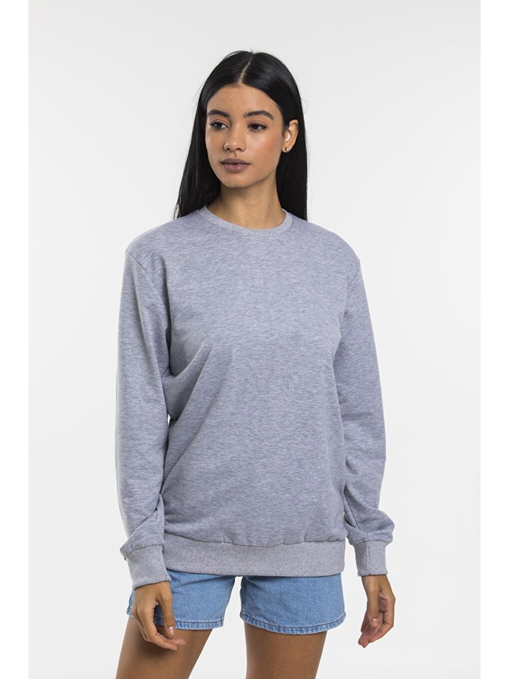 Süperlife Açık Gri Kadın Bisiklet Yaka Oversize Fit İnce Sweatshirt SPR21K30 - 1