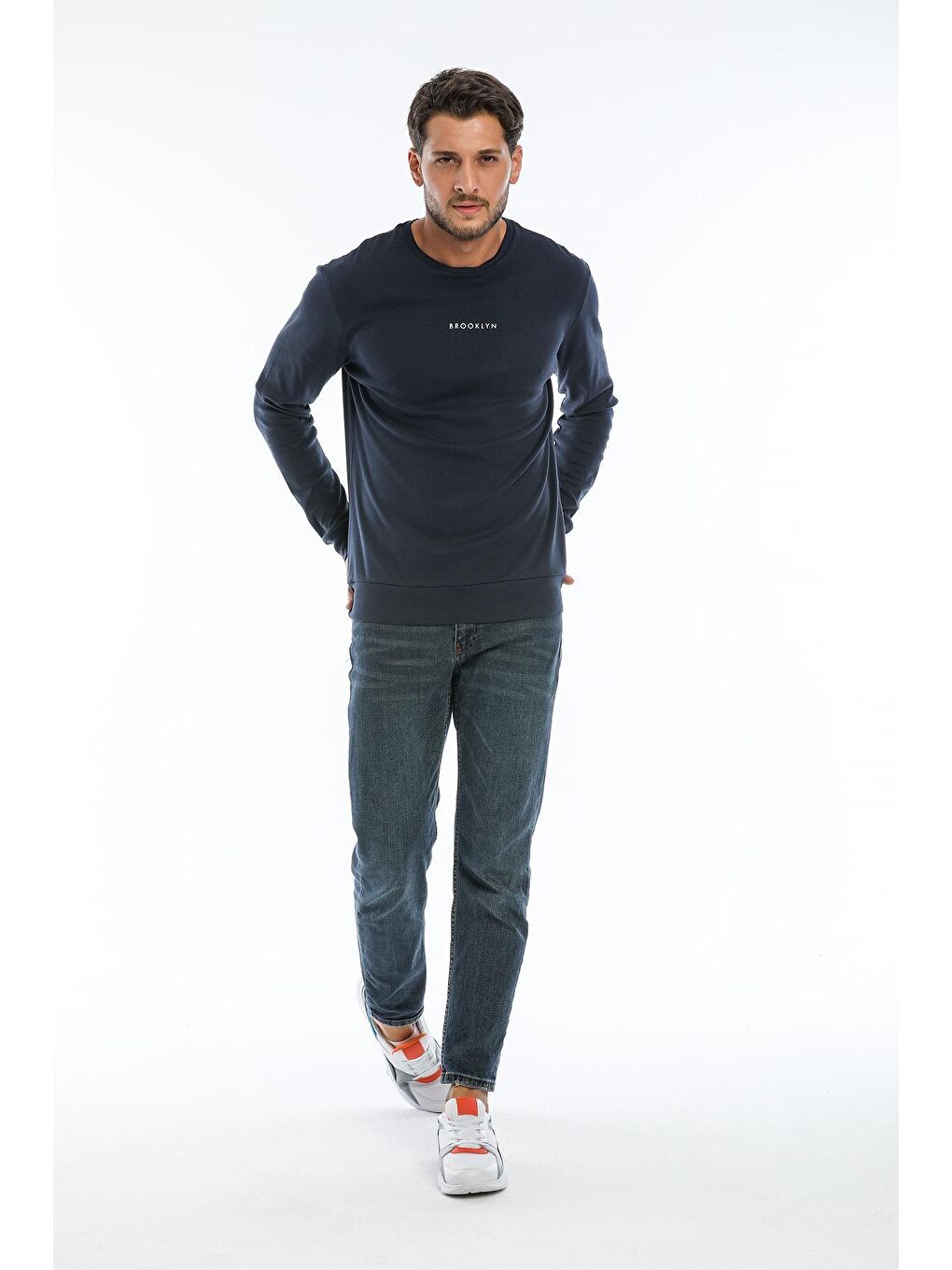 Süperlife Lacivert Erkek Bisiklet Yaka Slim Fit Brookyln Baskılı İnce Sweatshirt SPR22SW102