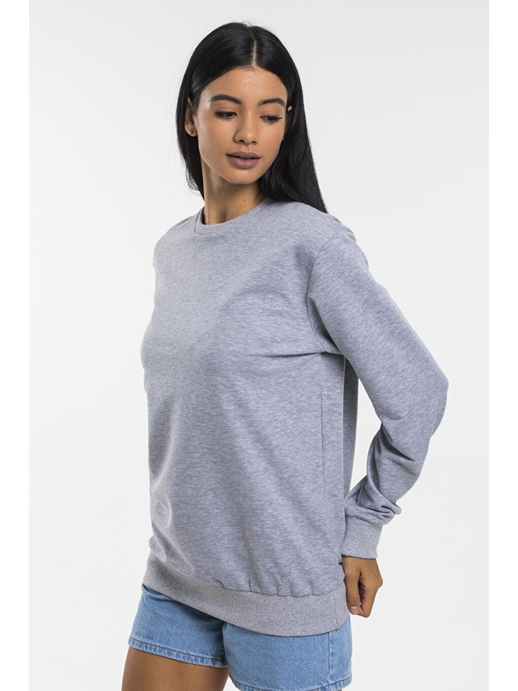 Süperlife Açık Gri Kadın Bisiklet Yaka Oversize Fit İnce Sweatshirt SPR21K30 - 2