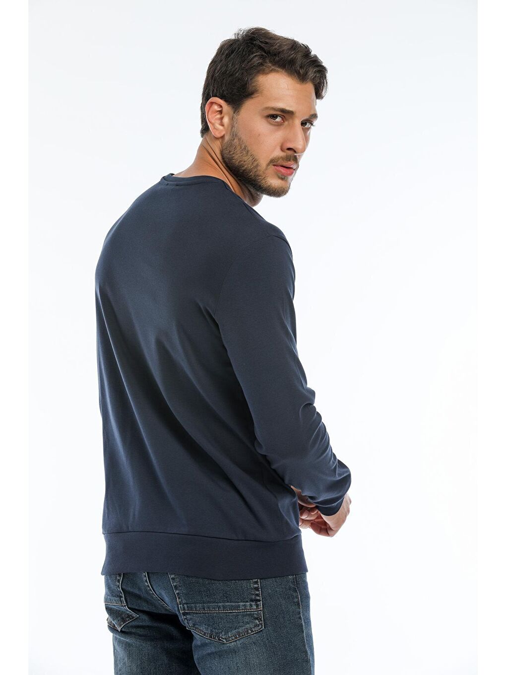 Süperlife Lacivert Erkek Bisiklet Yaka Slim Fit Brookyln Baskılı İnce Sweatshirt SPR22SW102 - 2