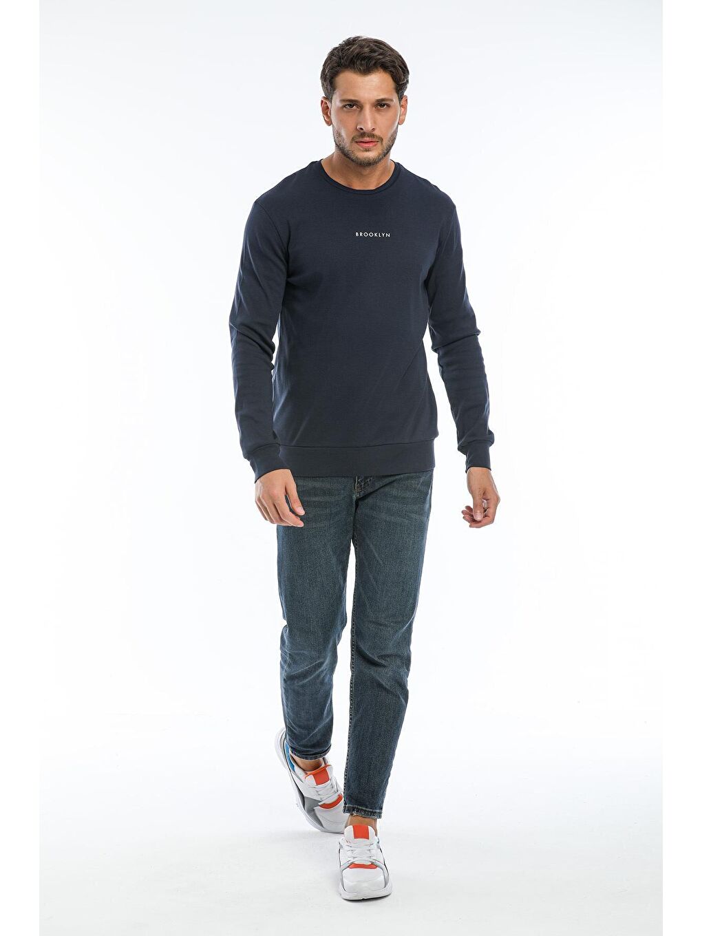 Süperlife Lacivert Erkek Bisiklet Yaka Slim Fit Brookyln Baskılı İnce Sweatshirt SPR22SW102 - 4