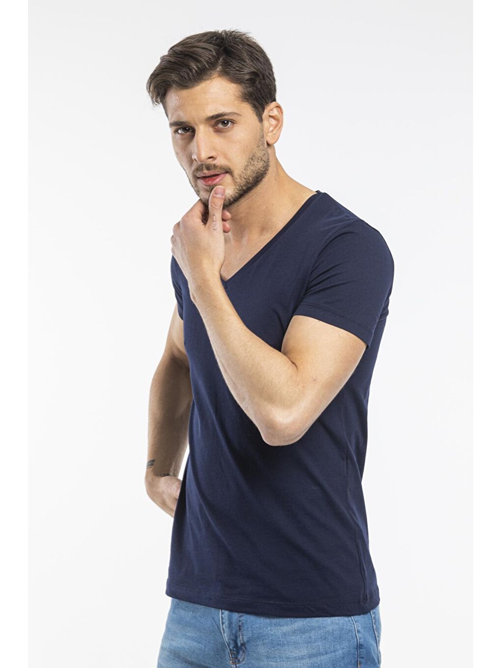 Lacivert Erkek V Yaka Dar Kalıp Tişort SPR 246
