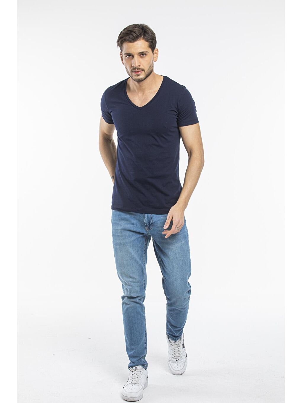 Lacivert Erkek V Yaka Dar Kalıp Tişort SPR 246-1