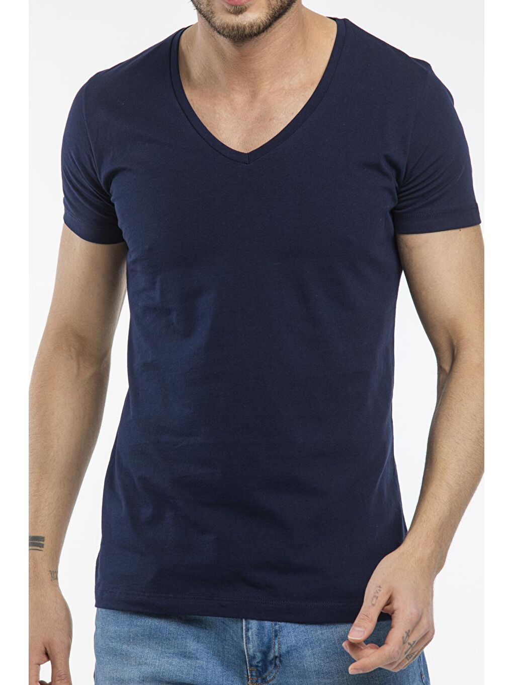 Lacivert Erkek V Yaka Dar Kalıp Tişort SPR 246-2